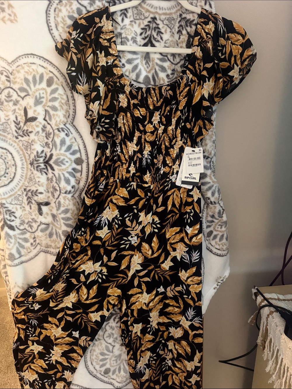 Rip Curl Black and Mustard Leaf-Print Jumpsuit
